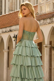 Green Princess Basque Waist Tiered Ruffle Long Prom Dress with Beading