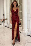 Burgundy Spaghetti Straps Open Back Formal Dress With Slit