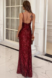 Burgundy Spaghetti Straps Open Back Formal Dress With Slit