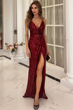 Burgundy Spaghetti Straps Open Back Formal Dress With Slit