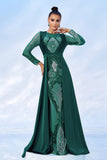 Green Sequins Printed Formal Dress with Long Sleeves