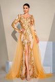 Golden Sparkly Mermaid Long Sleeves Formal Dress with Slit