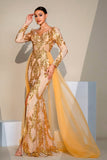 Golden Sparkly Mermaid Long Sleeves Formal Dress with Slit