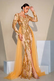 Golden Sparkly Mermaid Long Sleeves Formal Dress with Slit