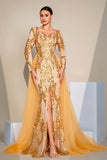 Golden Sparkly Mermaid Long Sleeves Formal Dress with Slit