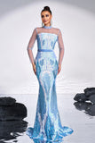 Ligth Blue Mermaid Printed Illusion Sleeves Formal Dress