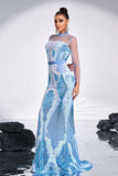 Ligth Blue Mermaid Printed Illusion Sleeves Formal Dress