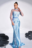 Ligth Blue Mermaid Printed Illusion Sleeves Formal Dress