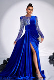 Royal Blue Beaded Mermaid Velvet Formal Dress