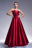 Burgundy A-Line Strapless Satin Formal Dress with Bow