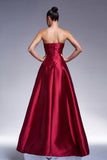 Burgundy A-Line Strapless Satin Formal Dress with Bow