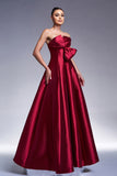 Burgundy A-Line Strapless Satin Formal Dress with Bow