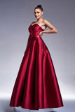 Burgundy A-Line Strapless Satin Formal Dress with Bow