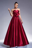 Burgundy A-Line Strapless Satin Formal Dress with Bow