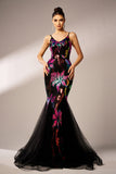 Sparkly Floral Black Mermaid Spaghetti Straps Tulle Formal Dress