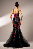 Sparkly Floral Black Mermaid Spaghetti Straps Tulle Formal Dress