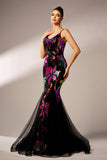 Sparkly Floral Black Mermaid Spaghetti Straps Tulle Formal Dress