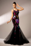 Sparkly Floral Black Mermaid Spaghetti Straps Tulle Formal Dress