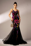 Sparkly Floral Black Mermaid Spaghetti Straps Tulle Formal Dress