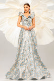 Light Blue A Line Floral Print Ruffled Sleeves Formal Dress