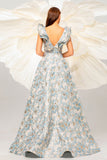 Light Blue A Line Floral Print Ruffled Sleeves Formal Dress