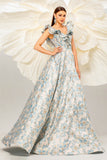 Light Blue A Line Floral Print Ruffled Sleeves Formal Dress