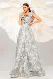 Light Blue A Line Floral Print Ruffled Sleeves Formal Dress