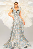 Light Blue A Line Floral Print Ruffled Sleeves Formal Dress