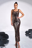 Black Golden Print Sequins Mermaid Square Neck Long Formal Dress