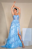 Sparkly Sequins Blue A Line Corset Formal Dress with Slit