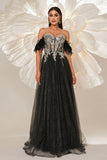 Sparkly Black Off the Shouler A-Line Tulle Long Corset Formal Dress with Feather