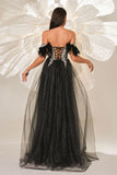 Sparkly Black Off the Shouler A-Line Tulle Long Corset Formal Dress with Feather