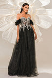 Sparkly Black Off the Shouler A-Line Tulle Long Corset Formal Dress with Feather