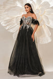 Sparkly Black Off the Shouler A-Line Tulle Long Corset Formal Dress with Feather