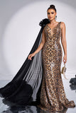 Coffee Leopard Printed Mermaid V-neck Long Prom Dress