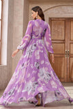 Purple Floral Printed Chiffon A-Line V-neck Long Sleeves Long Formal Dress