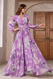 Purple Floral Printed Chiffon A-Line V-neck Long Sleeves Long Formal Dress