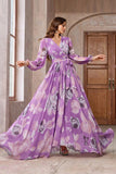 Purple Floral Printed Chiffon A-Line V-neck Long Sleeves Long Formal Dress