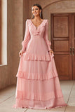 Pink Chiffon V-neck Long Sleeves A-Line Tiered Long Formal Dress