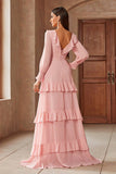 Pink Chiffon V-neck Long Sleeves A-Line Tiered Long Formal Dress