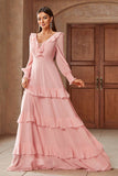 Pink Chiffon V-neck Long Sleeves A-Line Tiered Long Formal Dress