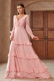 Pink Chiffon V-neck Long Sleeves A-Line Tiered Long Formal Dress