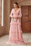 Pink Chiffon V-neck Long Sleeves A-Line Tiered Long Formal Dress