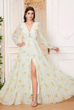 Light Green Long Sleeves Floral Print A Line V Neck Formal Dress with Slit