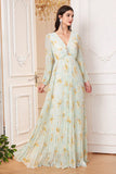 Light Green Long Sleeves Floral Print A Line V Neck Formal Dress with Slit