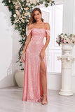 Pink A Line Off the Shoulder Sequin Long Formal Dress with Slit