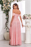 Pink A Line Off the Shoulder Sequin Long Formal Dress with Slit