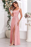 Pink A Line Off the Shoulder Sequin Long Formal Dress with Slit