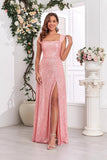 Pink A Line Off the Shoulder Sequin Long Formal Dress with Slit