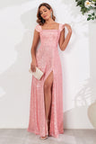 Pink A Line Off the Shoulder Sequin Long Formal Dress with Slit